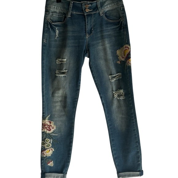 YMI Denim - YMI Distressed Blue Jeans with Floral Embroidery,Distressed,Boho Style